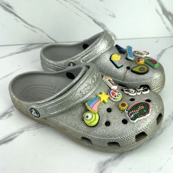 CROCS Shoes - Crocs Classic Silver Glitter Clogs with Charms Slip On Shoes Womens 6 Mens 4